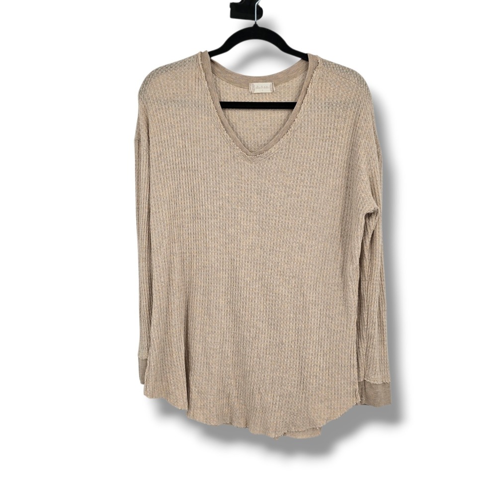 Altar'd State Womens Tan Waffle Knit Thermal V-Neck Raw Edge Top Small